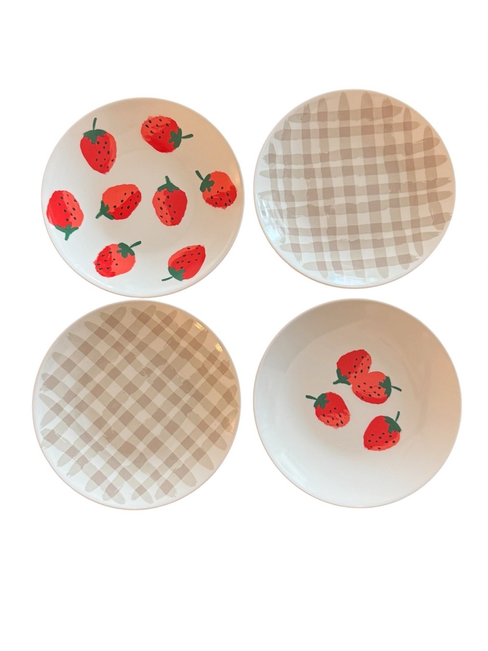 Set of 4 Strawberry & Plaid Plastic Dessert Plates - Red/Beige